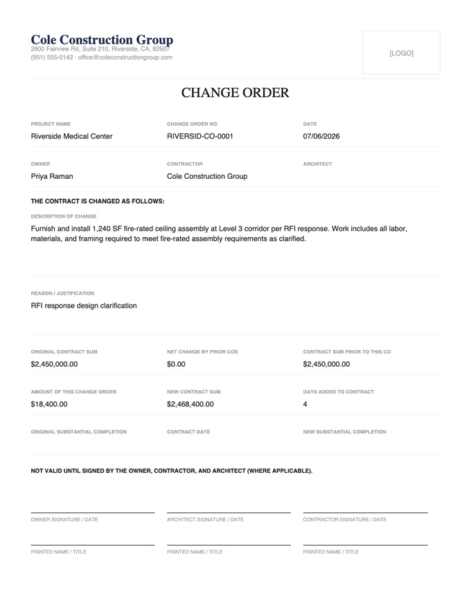 Change order generated by Bear: added fire-rated ceiling assembly, 18,400 dollars and 4 calendar days
