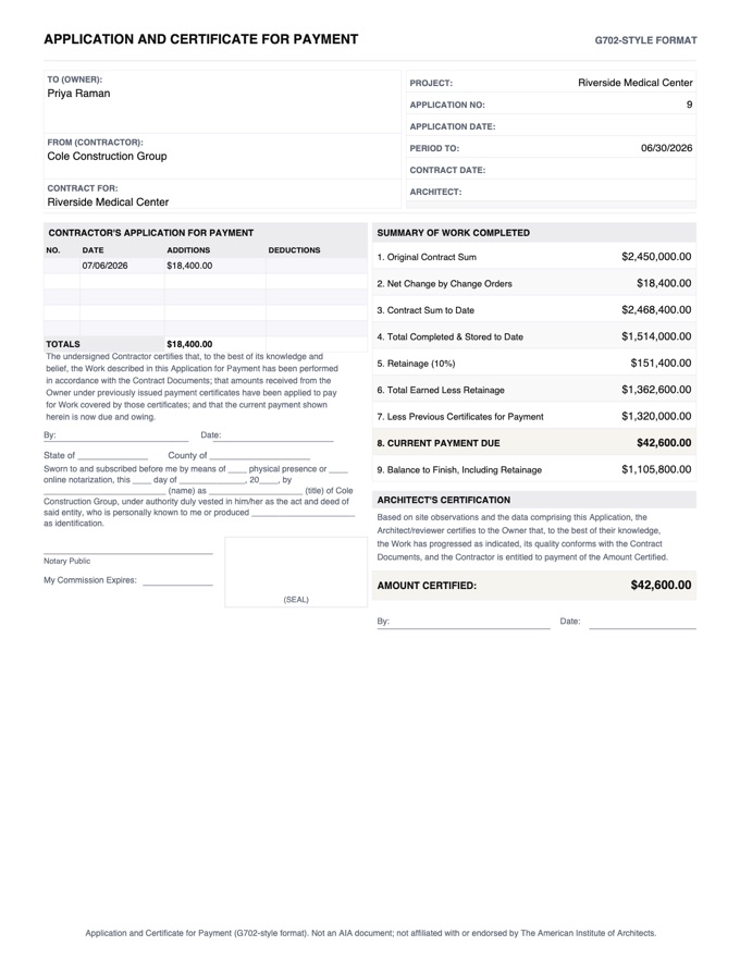 Pay application generated by Bear with schedule of values, retainage, and amount due this period