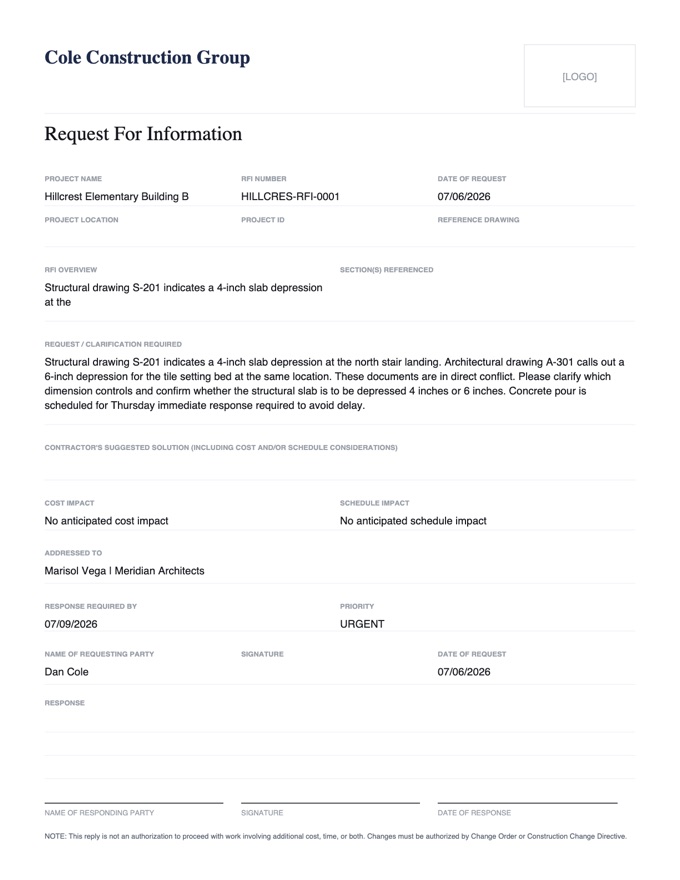 Request for Information generated by Bear: slab depression conflict, urgent, response required by Thursday